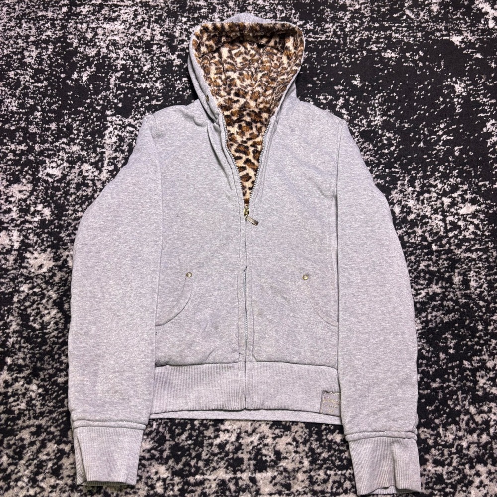 Reversible Leopard Faux Fur Zip Up Hoodie Gray Y2K Animal Print Sweatshirt